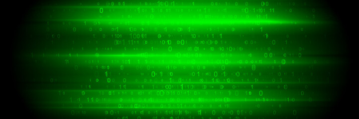 Bright glowing green tech background with binary code numbers. Vector banner design