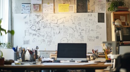 Poster - A creative workspace with a whiteboard full of brainstorming sketches and notes, capturing the essence of innovative thinking and idea generation.