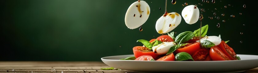 Fresh ingredients are artfully arranged in a salad, showcasing vibrant tomatoes, mozzarella, and basil, perfect for healthy meals.