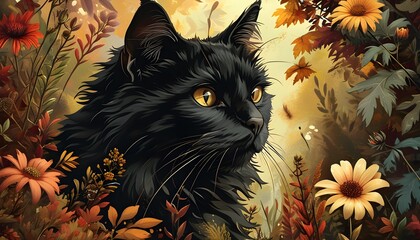 Elegant black cat navigating vibrant garden flowers in an autumn setting, perfect for advertising banners and prints with ample space for text