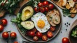 © Plaifah - A delicious breakfast spread featuring toasted bread, avocado slices, poached eggs, and cherry tomatoes, arranged beautifully on a clean, modern kitchen counter.