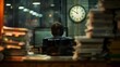 © 楠 刘 - Tired office worker at desk late at night, surrounded by stacks of papers and computer screen, clock shows 10 PM, long workplace hours, professional work environment.