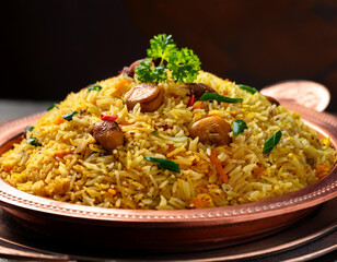 Wall Mural - Kabuli pulao on a large plate. Light and aromatic rice dish with meat.