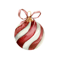 Red and white striped Christmas tree ball with vintage red bow watercolor illustration. Isolated element, new year hanging decoration for greeting card, party invitation, packing design.