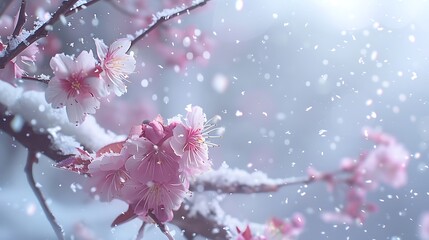 Wall Mural - Snow gently falling on a spring blossom tree, with delicate pink flowers contrasted against the crisp, white snow and a soft, serene background