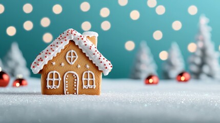 gingerbread house christmas decoration with snow and bokeh lights