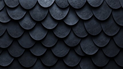An arrangement of fish scales and polished mosaic tiles in the shape of a wall. 3D, semigloss bricks stacked to create a backdrop of black blocks.