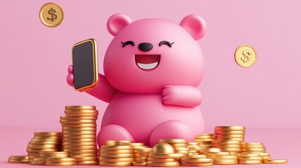 A pink bear character holding a cell phone, smiling next to a pile of gold coins, representing financial success and connectivity.