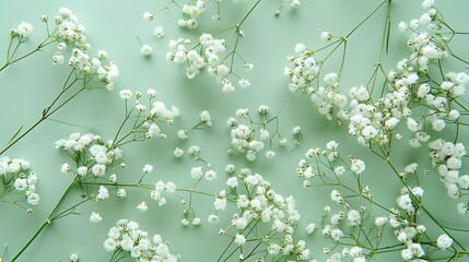 Wall Mural - Top view of delicate white gypsophila flowers against a pastel green backdrop, ideal for celebratory occasions, displayed with HD camera-like detail