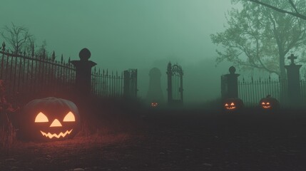 Scene of a creepy graveyard gate with Jack O' Lanterns and candles for Halloween.