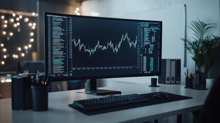 Wall Mural - A detailed view of a financial chart on a computer screen, showing fluctuating stock prices and trend lines, set against a clean, modern workspace