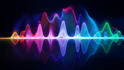Sound wave or Longitudinal in multiple color and wavelength on a black background; Sound wavelength with colorful lines and curves; graphics and illustration
