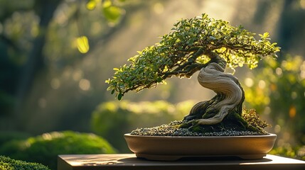 A beautifully shaped bonsai tree displayed in soft, natural light.