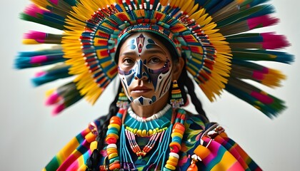 Wall Mural - Vibrant 3D depiction of a Mexican Huichol shaman adorned in traditional beadwork and ceremonial attire on a white canvas