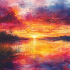 Canvas Print - A vibrant sunset over a calm lake, reflecting colorful skies.