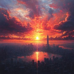 Wall Mural - A vibrant sunset over a city skyline reflecting in the water.