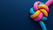 © StellaPattaya - ropes of different colors tied into a knot, blue background, concept of infinity and connection, relationships and friendship, symbolizing unity and strength, teamwork and partnership copy space