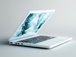 Modern White Laptop with Open Screen Showing Abstract Background