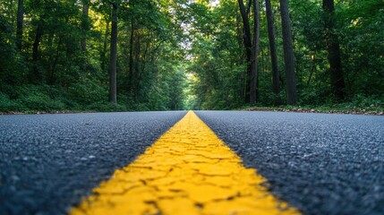 A quiet road with a yellow line down the middle stretches towards the horizon, with trees in the background, evoking calm and solitude