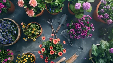 Wall Mural - Top view of various flowers in pots arranged on a grey floor, surrounded by gardening tools, captured in sharp detail with realistic lighting