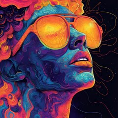 Sticker - A vibrant, abstract portrait with colorful sunglasses and swirling patterns.