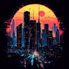 Sticker - A vibrant, futuristic cityscape at sunset with glowing skyscrapers.