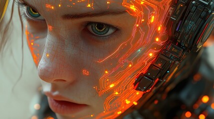 Wall Mural - Cyberpunk Woman with Glowing Circuitry on Face