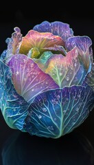 Canvas Print - A vibrant, iridescent cabbage with dew droplets on its leaves.