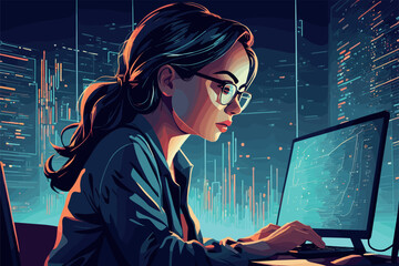 Focused Woman Analyzing Data on Computer Screen