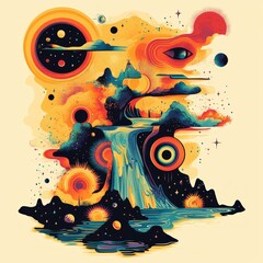 Poster - A vibrant, surreal landscape featuring waterfalls and cosmic elements.