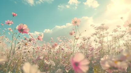 Wall Mural - Vintage-style landscape of a cosmos flower field under a sunny sky in spring, with a soft color tone filter and realistic high-definition details