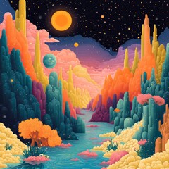 Poster - A vibrant, surreal landscape with colorful mountains and a river.