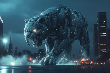 A Giant Mechanical Panther Stands Tall in a Futuristic City at Night