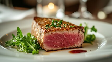 A beautifully cooked steak served on a plate with greens and sauce.