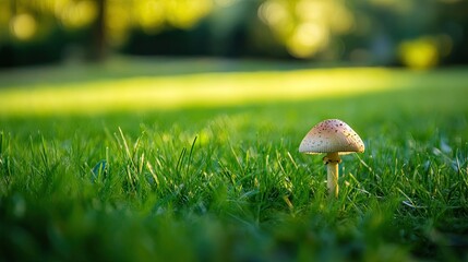 Canvas Print - Close-up of a mushroom growing in a green field, surrounded by vibrant grass, the lone mushroom standing out