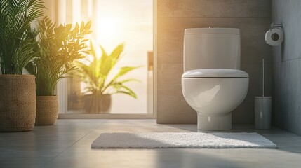 Close-up of a spotless white toilet bowl in a clean bathroom setting, showcasing modern hygiene and the simplicity