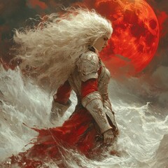 Canvas Print - A warrior stands against a stormy backdrop with a red moon.