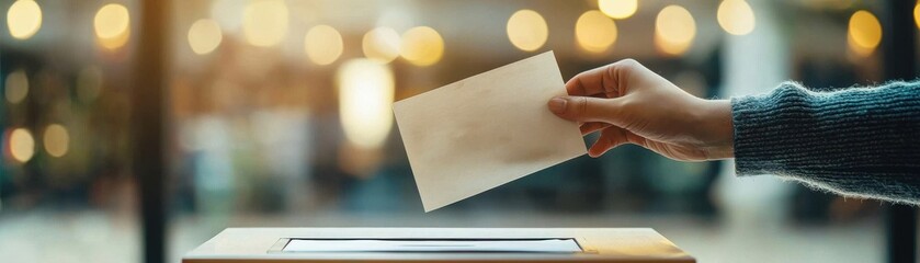 A hand placing a ballot into a voting box, symbolizing civic engagement and the democratic process in a well-lit environment.