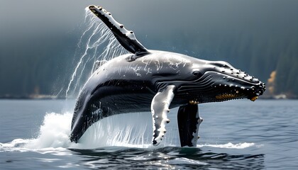 Majestic whale breaching in isolation against a serene ocean backdrop