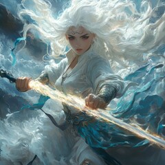 Wall Mural - A warrior with flowing hair wields a glowing sword amidst stormy skies.