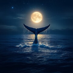 Poster - A whale tail emerging from the ocean under a full moon.