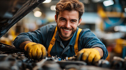 Wall Mural - Portrait of a smiling mechanic working in a car repair shop.