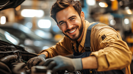 Wall Mural - smiling auto mechanic looking at camera while fixing car in auto repair shop