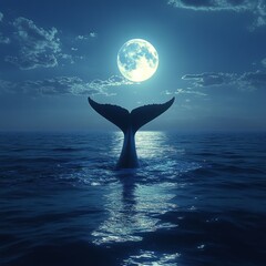 Sticker - A whale's tail emerges from the ocean under a full moon.