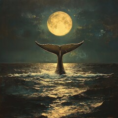 Sticker - A whale's tail emerges from the ocean under a full moon.