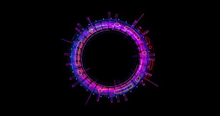 Wall Mural - Render Neon circle rotation of frame with shining effects on dark background. Video animation Empty purple glowing techno backdrop. Round motion frame