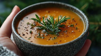 A hand holding a bowl of homemade bone broth, garnished with fresh herbs