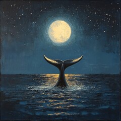 Sticker - A whale's tail emerges from the ocean under a full moon.