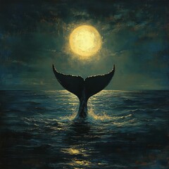 Canvas Print - A whale's tail rises from the ocean under a bright moon.