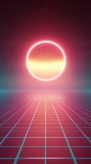 Canvas Print - Neon circle glowing over retro futuristic grid background